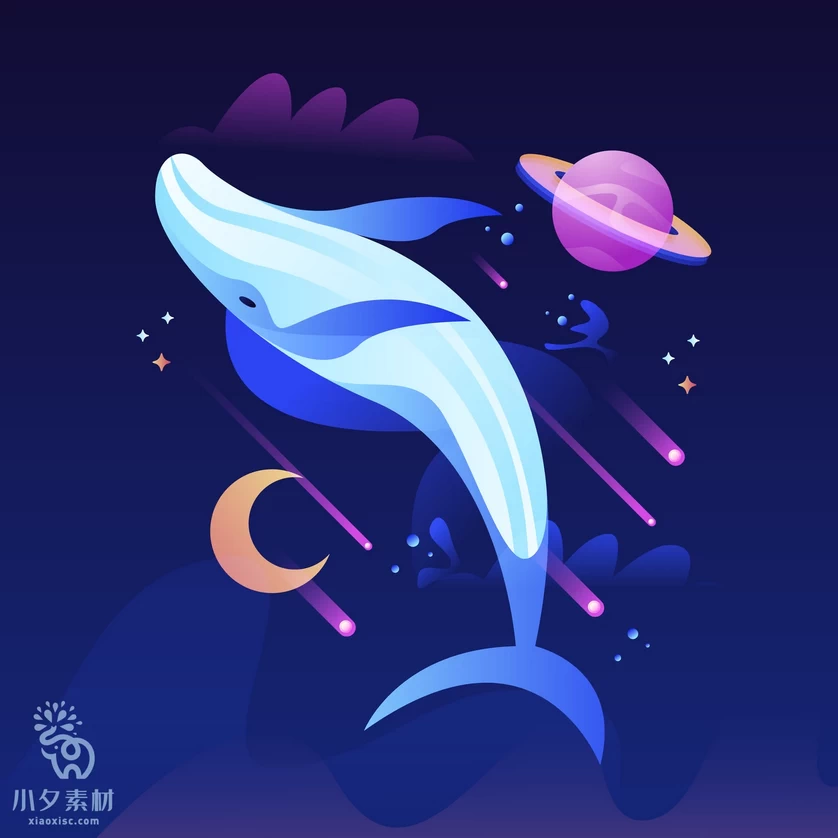 唯美梦幻创意卡通人物鲸鱼海豚夜景插画背景图案AI矢量设计素材【012】